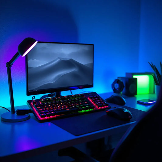 Gaming desk with keyboard, mouse, controller, and multicolor RGB LED lighting