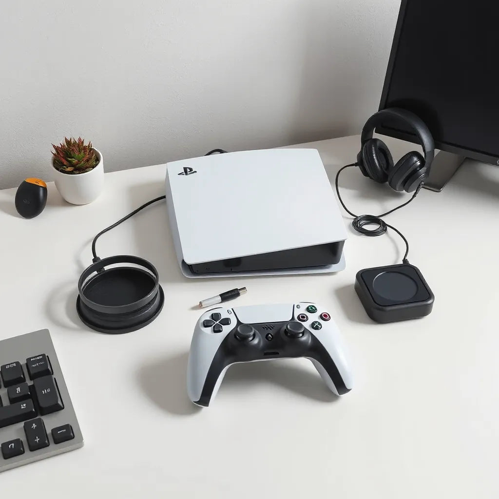PlayStation 5 console with controller, headset, charging dock, and organized accessories on a clean desk