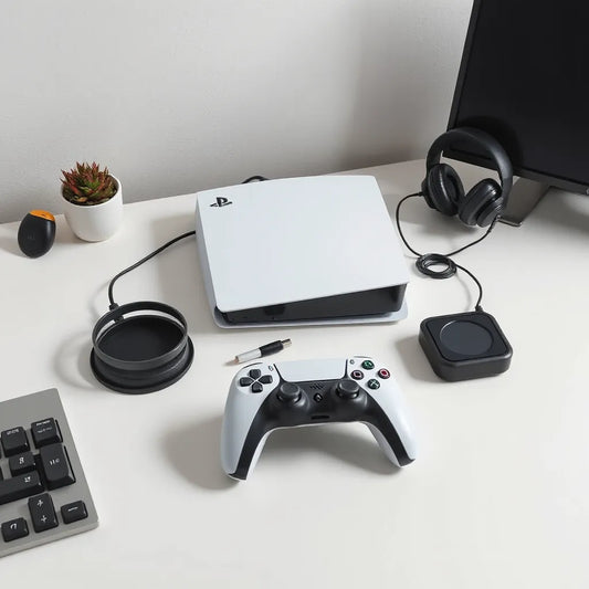 PlayStation 5 console with controller, headset, charging dock, and organized accessories on a clean desk