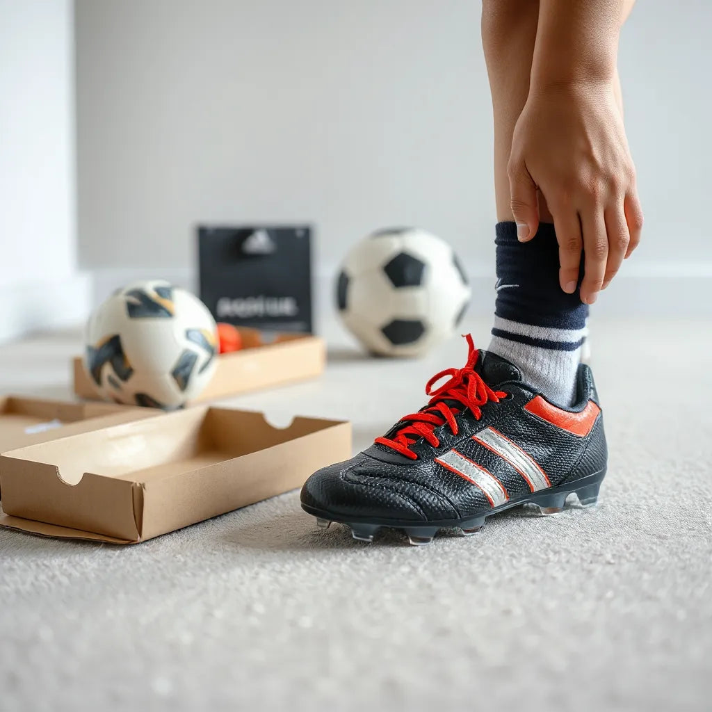 Child getting help adjusting laced football boots while preparing for a training session