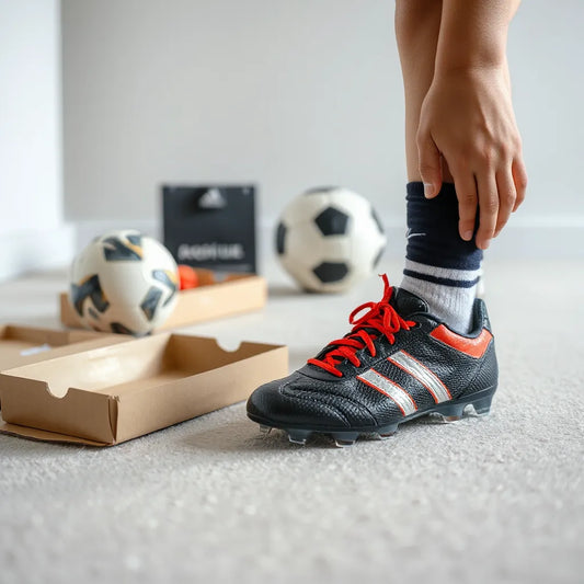 Child getting help adjusting laced football boots while preparing for a training session