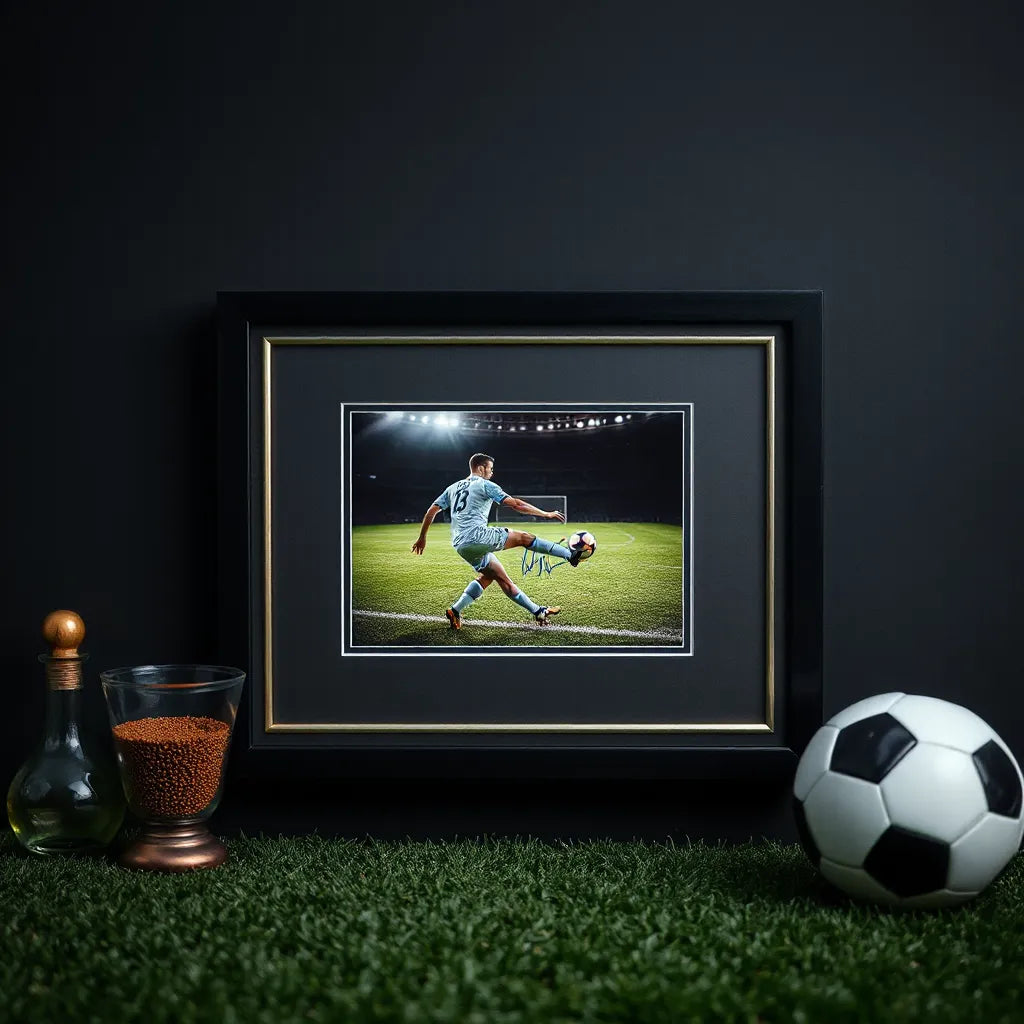 Framed football memorabilia featuring an autograph on a signed player photo under soft studio lighting