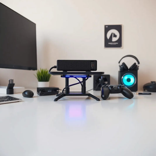 Cooling stand with subtle RGB glow under a gaming device on a clean desk setup