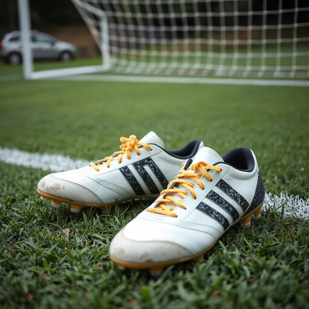 Soccer cleats on green turf with visible studs, showing comfort-focused traction for enthusiasts