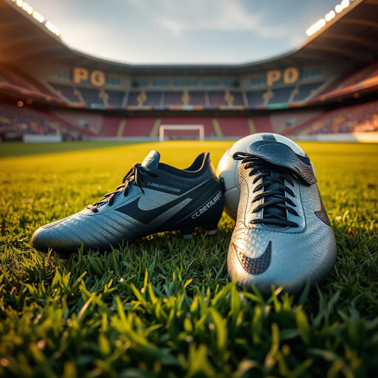 Pair of soccer boots with visible studs resting on grass near a ball on a field