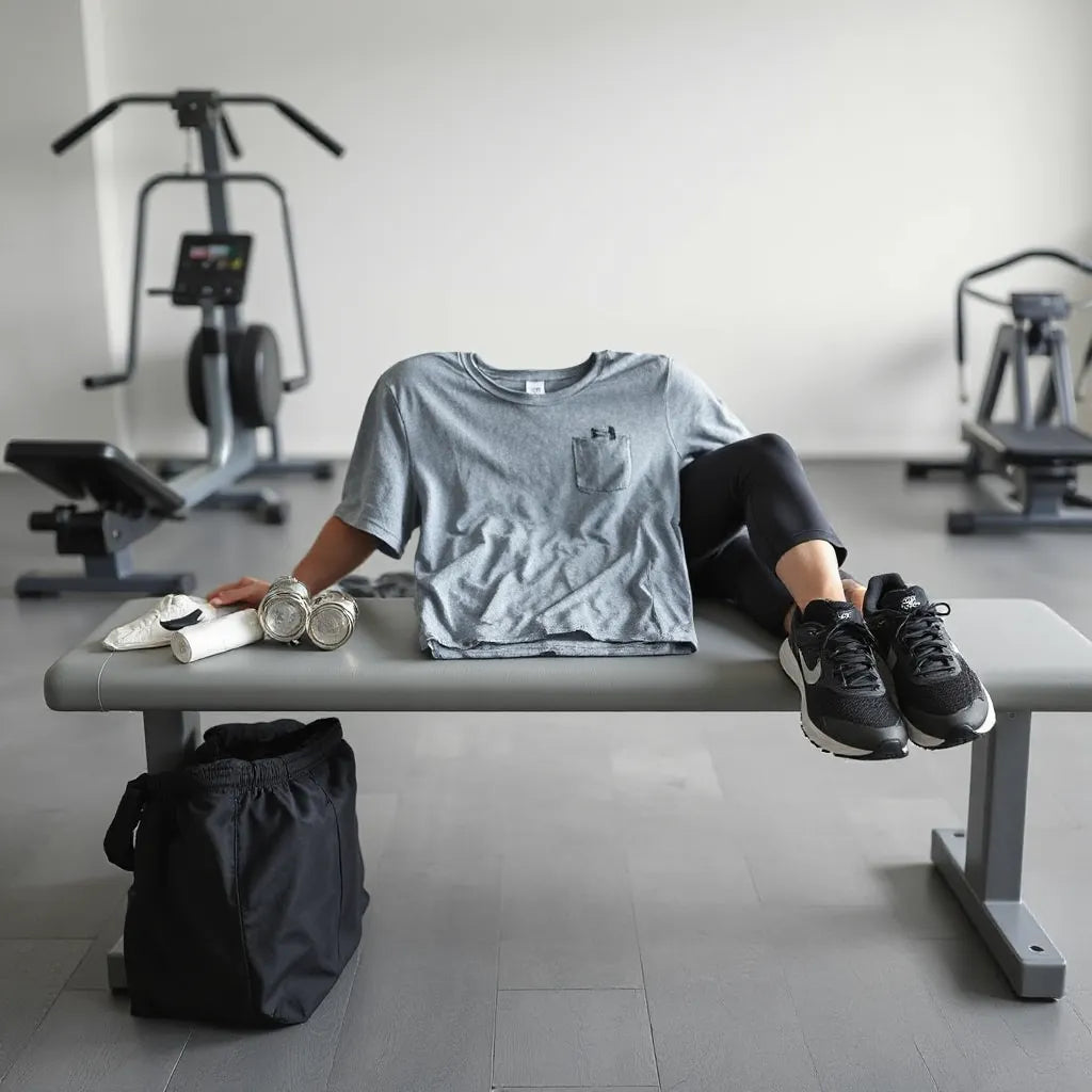 Men’s workout outfit laid out on a gym bench with breathable top and training shorts