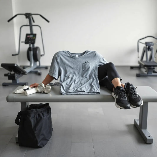 Men’s workout outfit laid out on a gym bench with breathable top and training shorts