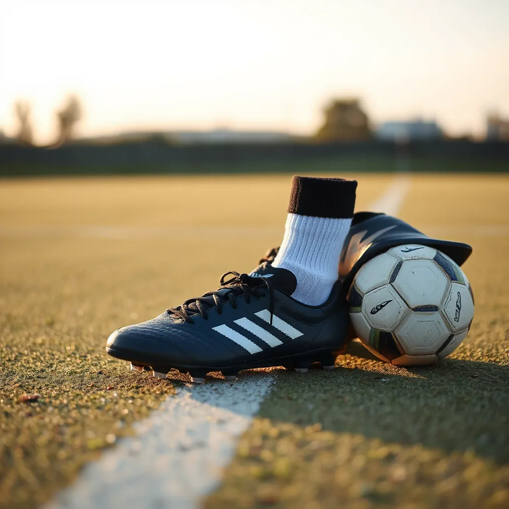 Soccer cleats, training jersey, socks, and ball arranged on a clean outdoor surface