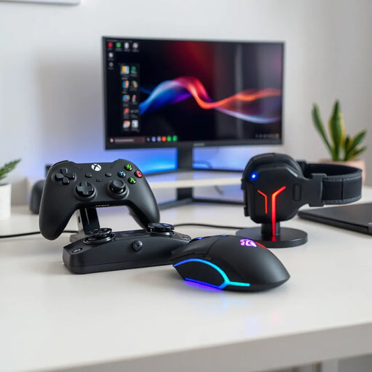 Minimalist gaming desk setup featuring a controller, mouse, headset, and cooling stand for better performance