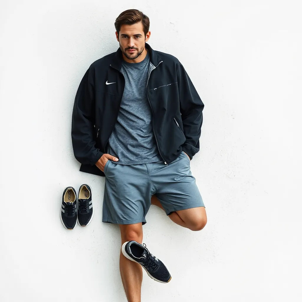 Man modeling breathable athletic leisure wear with jacket, shorts, and modern sneakers outdoors