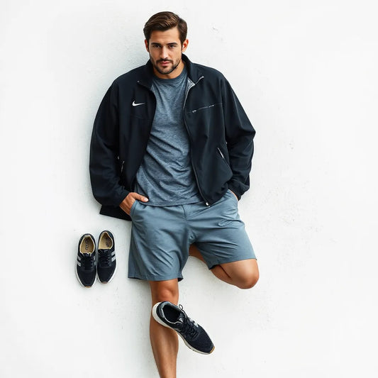 Man modeling breathable athletic leisure wear with jacket, shorts, and modern sneakers outdoors