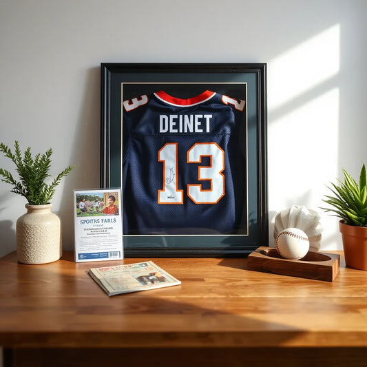 Framed signed jersey and other sports collectibles arranged neatly on a wooden table