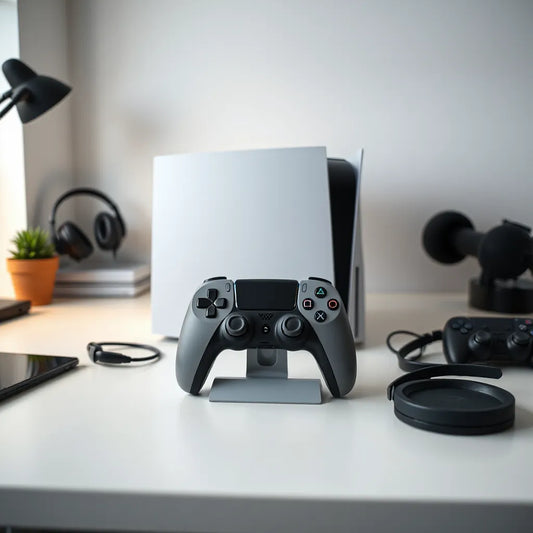 PlayStation 5 gaming setup with controller, headset, and charging accessories on a desk