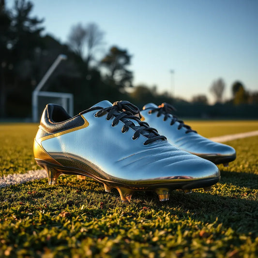 Metallic electroplated football boots with visible studs on a training pitch