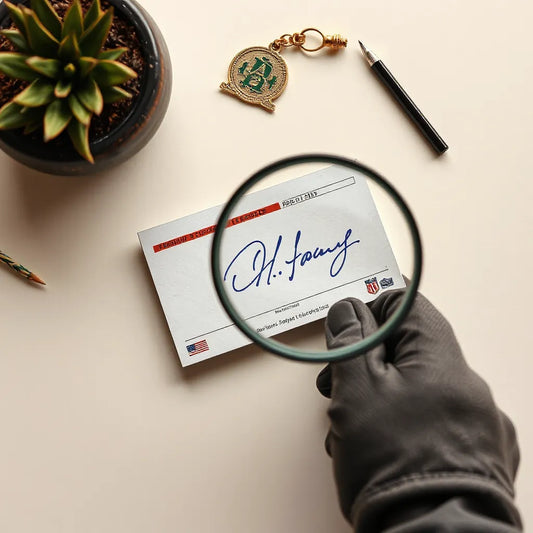 Sports autograph memorabilia with a magnifying glass and card on a clean neutral background