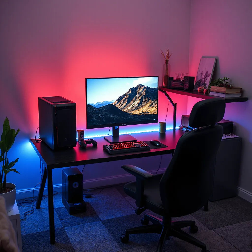 Clean home gaming desk with monitor, keyboard, mouse, and comfortable chair under soft lighting
