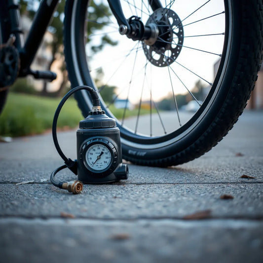 Compact bike portable pump beside a bicycle tire valve on a road surface