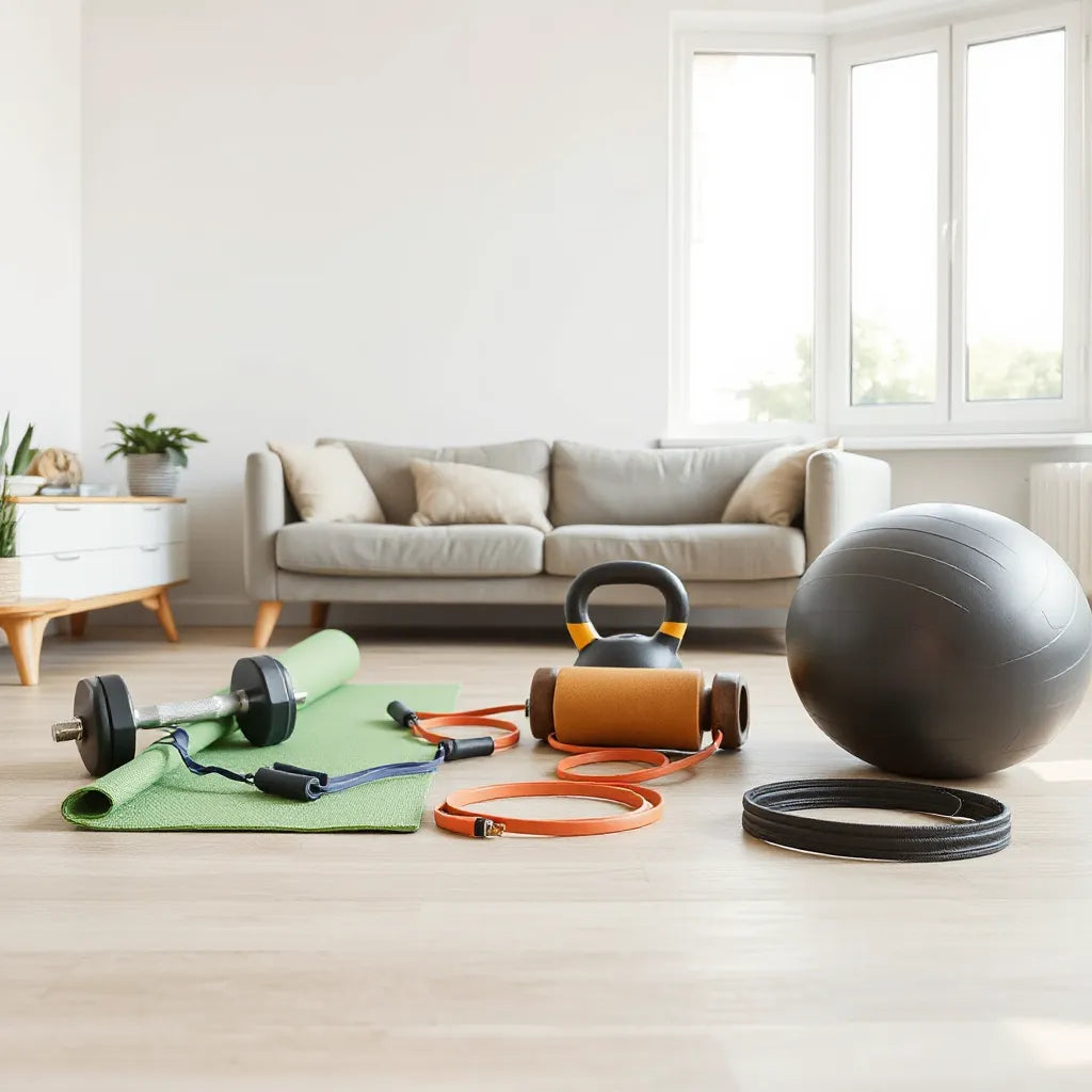 A neatly arranged set of home workout equipment in a bright living room