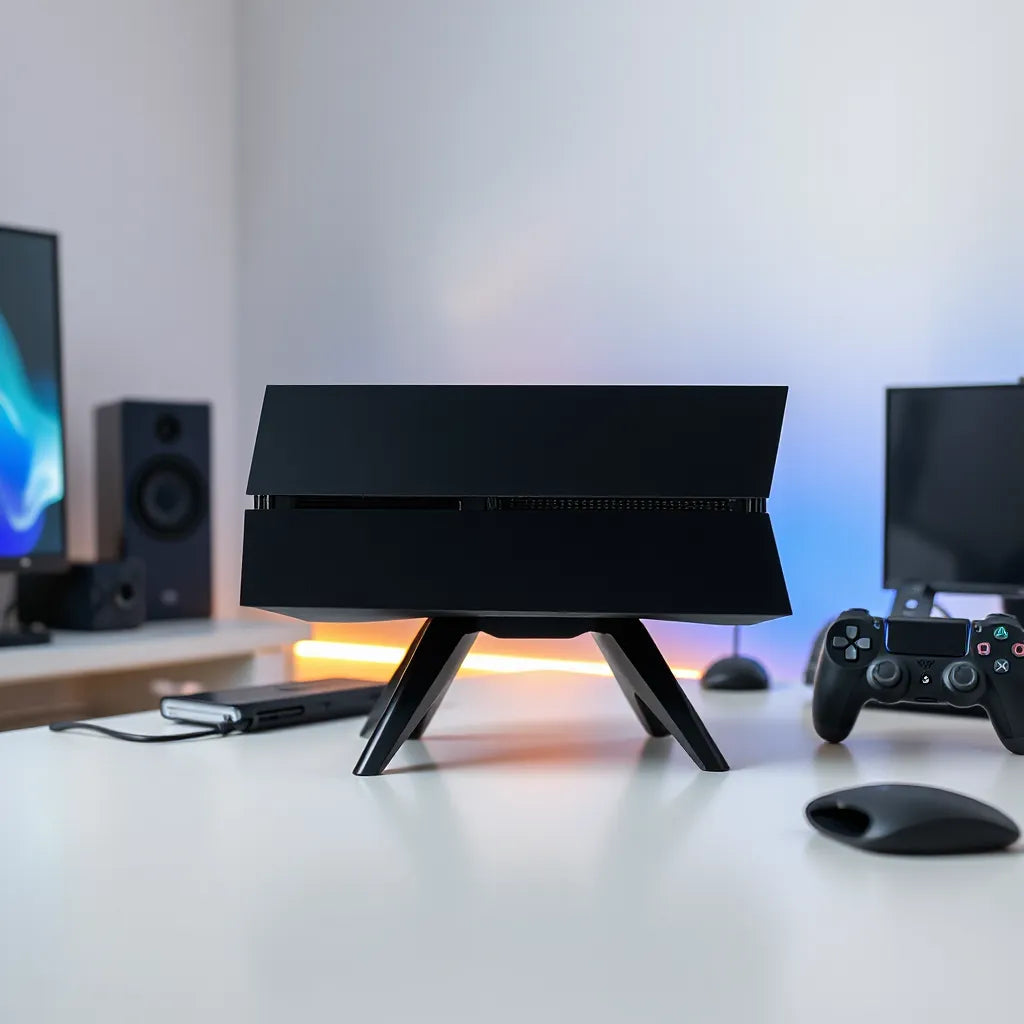 PS5 console on a sleek cooling stand with visible airflow vents in a modern gaming setup