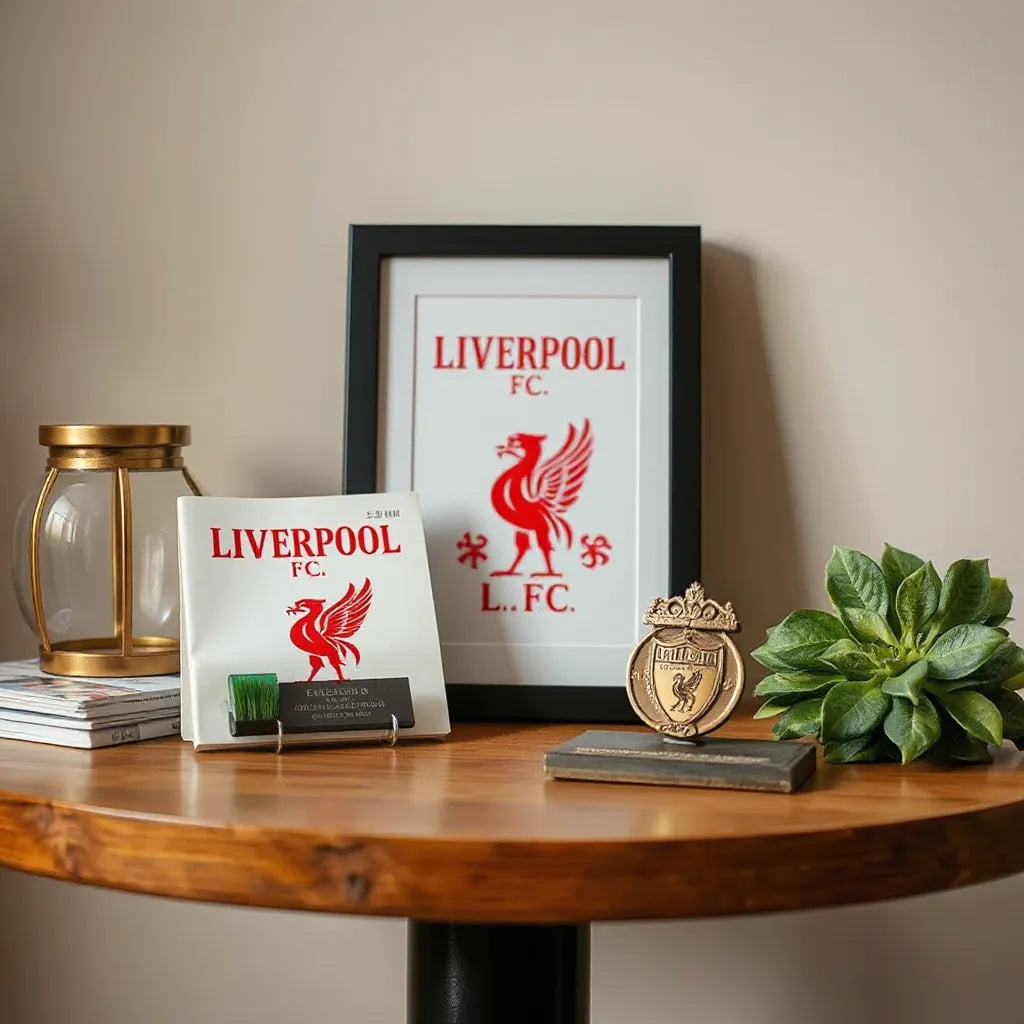 Assorted football memorabilia collectibles displayed on a clean table with warm studio lighting