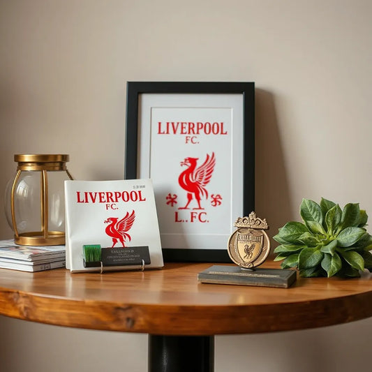 Assorted football memorabilia collectibles displayed on a clean table with warm studio lighting