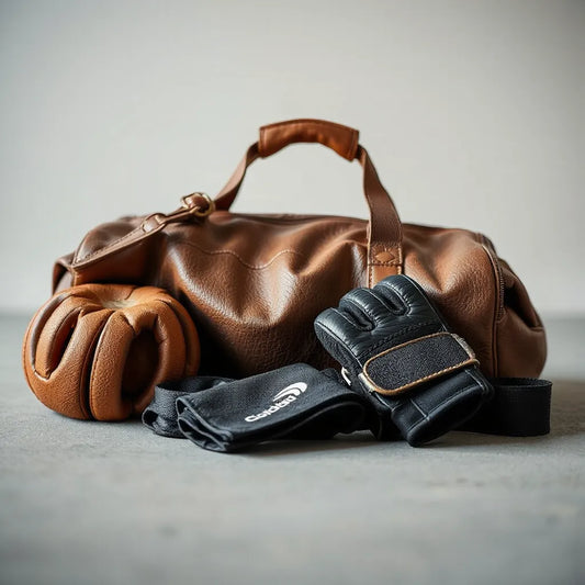 Durable sports gear with textured ball, gloves, resistance band, and rugged bag on a training surface