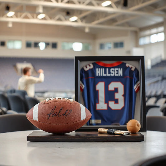 Framed jersey and signed football displayed on a clean tabletop with soft stadium background