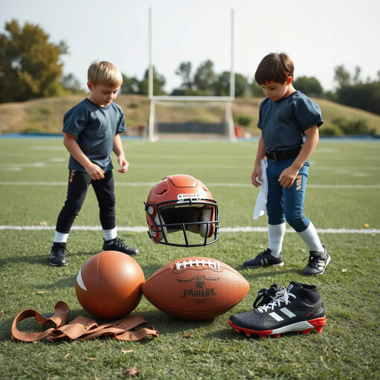 Youth football gear laid out on a field: helmet, pads, shin guards, and cleats
