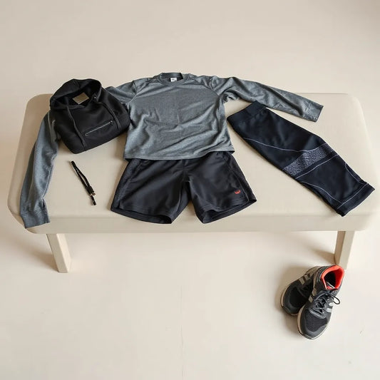 Men’s workout outfit with breathable athletic fabrics laid out neatly on a bench