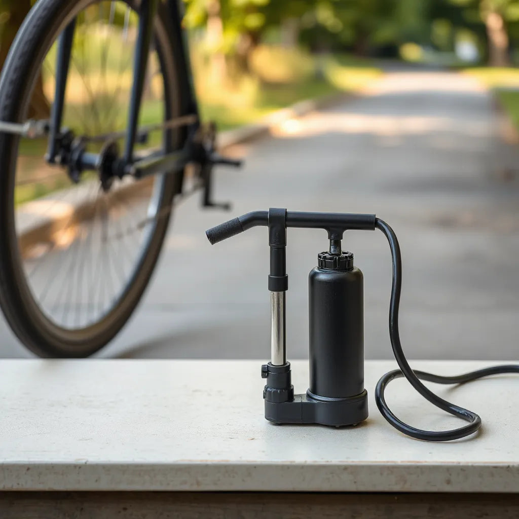 Compact portable bike pump resting beside a bicycle tire and wheel on a clean outdoor surface