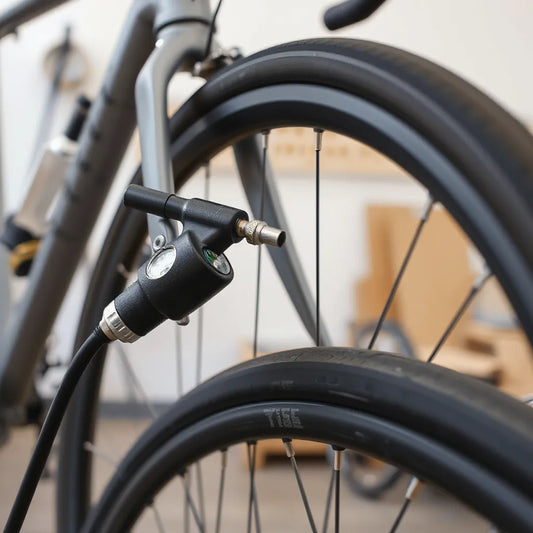Bicycle tyre inflator attached to a bike valve with a visible pressure gauge