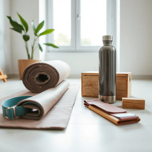Eco-friendly workout gear set with yoga mat, reusable bottle, and resistance bands in a minimalist space
