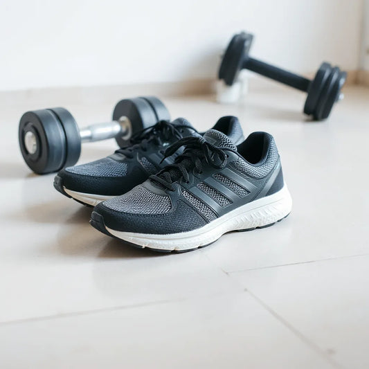 Training sneakers with supportive midsoles beside dumbbells on a clean workout floor