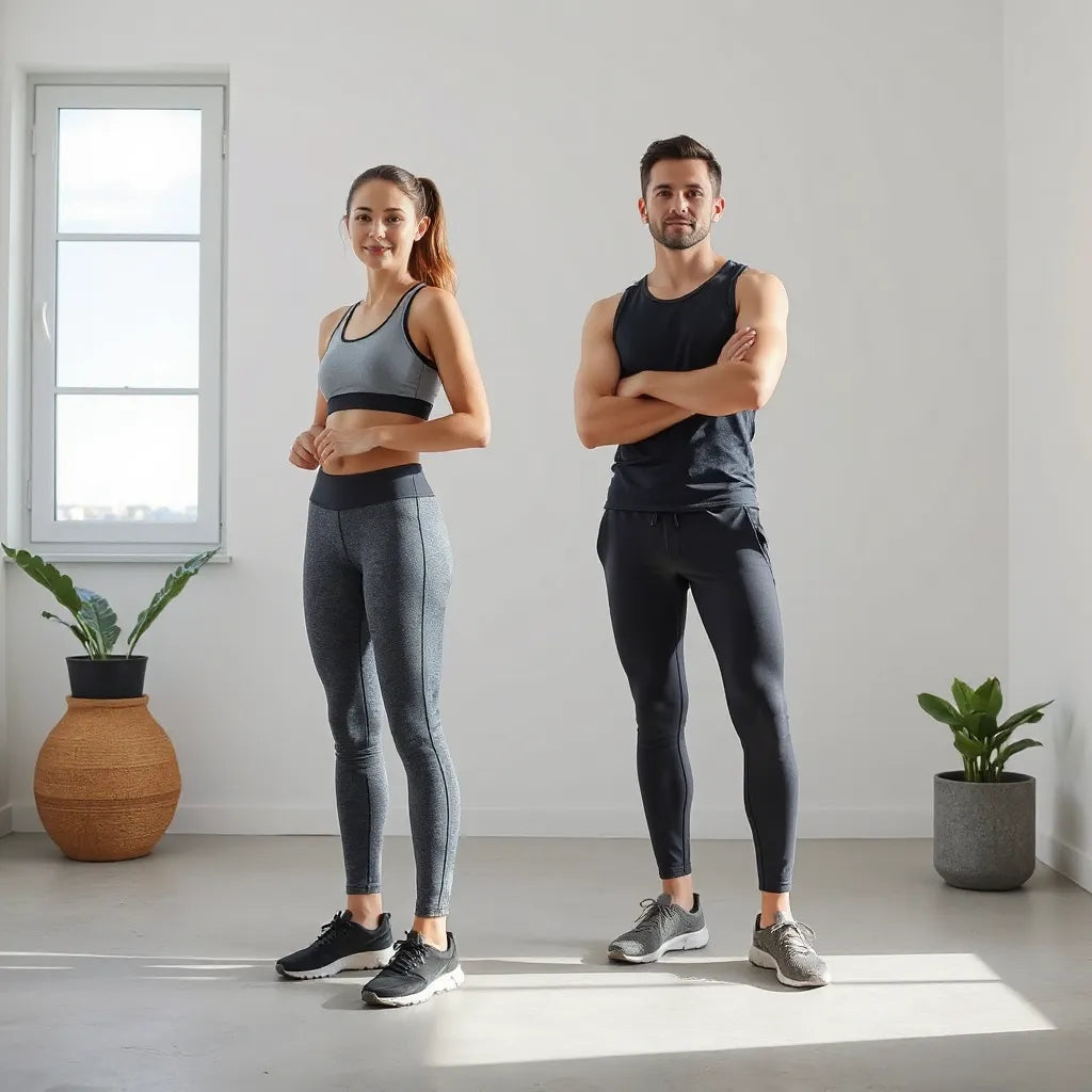Athletic model wearing stylish matching workout set with breathable, textured fabric in a clean studio setting