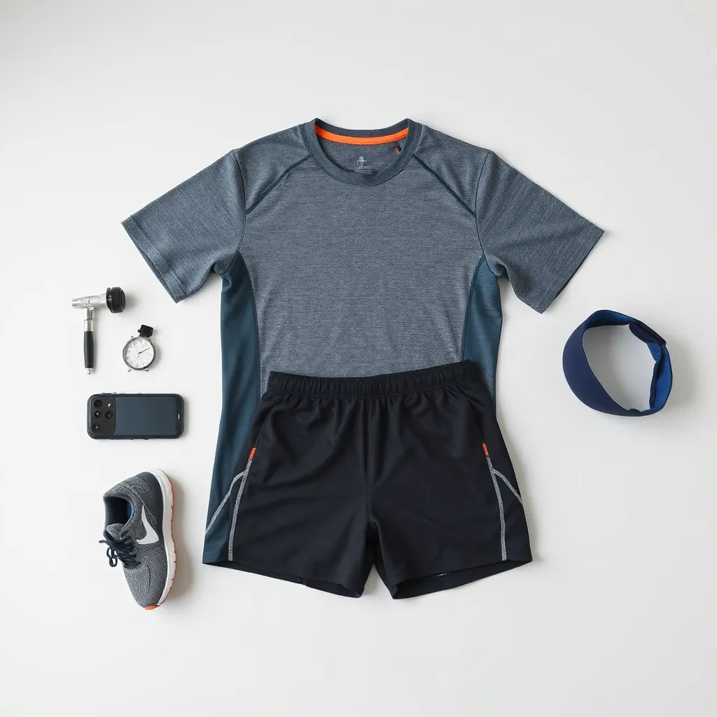 Men’s breathable training shirt and shorts with running shoes on a neutral studio background