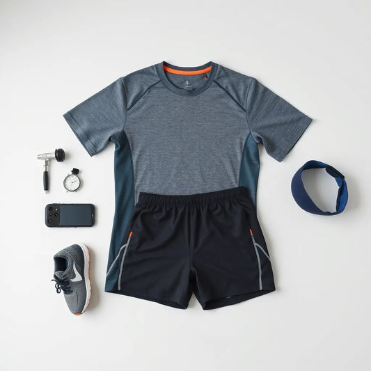 Men’s breathable training shirt and shorts with running shoes on a neutral studio background