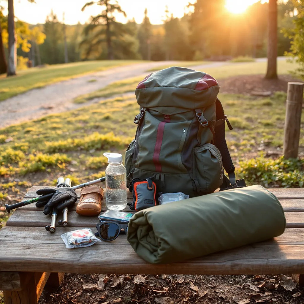 Outdoor sports gear neatly laid out for an adventure on a trailhead bench