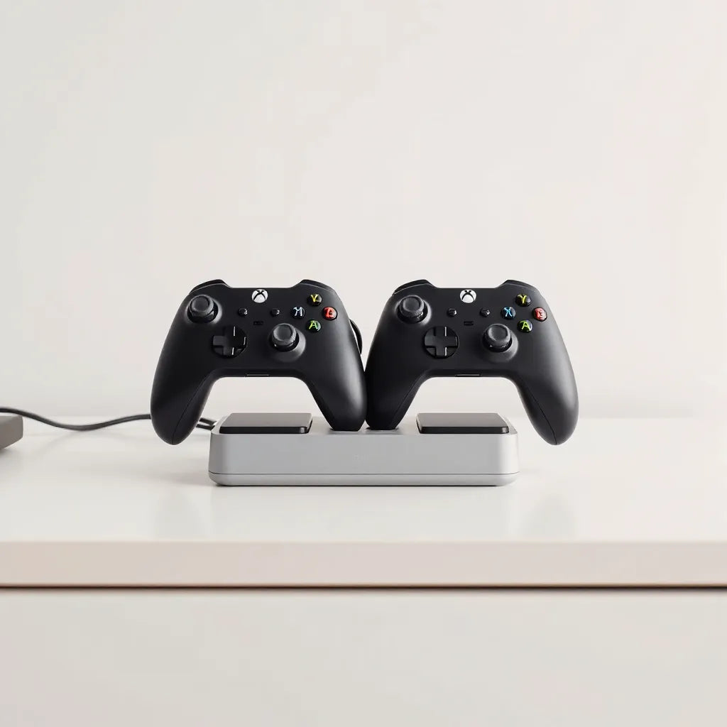 Dual controller charging stand with two game controllers docked on a clean desk