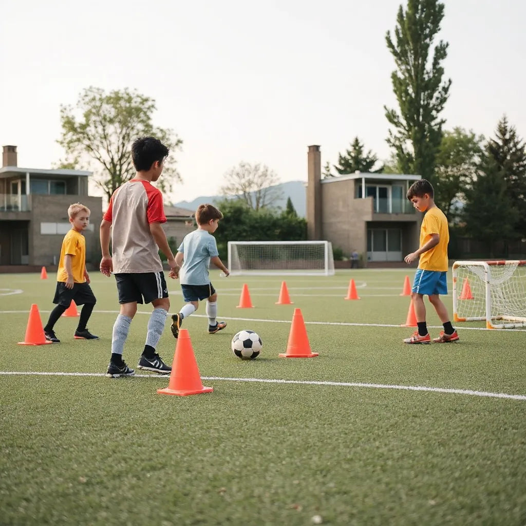 Youth players practice dribbling and passing with cones and mini goals during soccer training