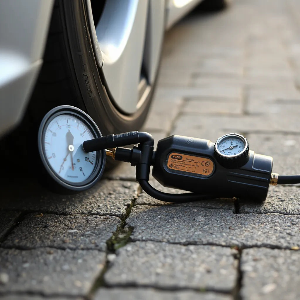 Compact tyre inflator with a pressure gauge attached to a car tyre valve