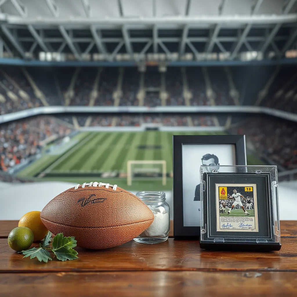Signed football, collectible trading card in a protective case, and framed memorabilia on a tabletop