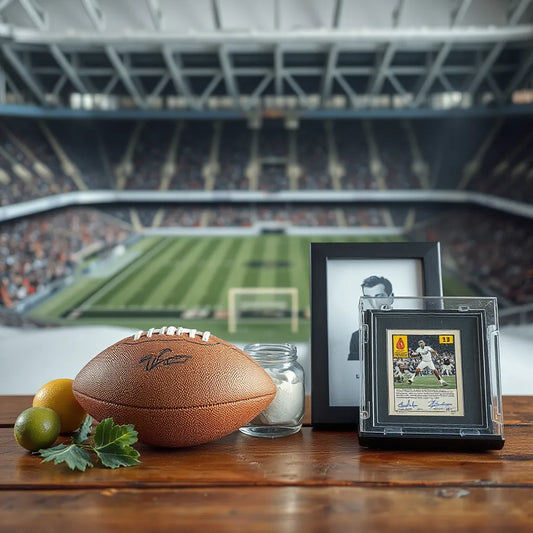 Signed football, collectible trading card in a protective case, and framed memorabilia on a tabletop