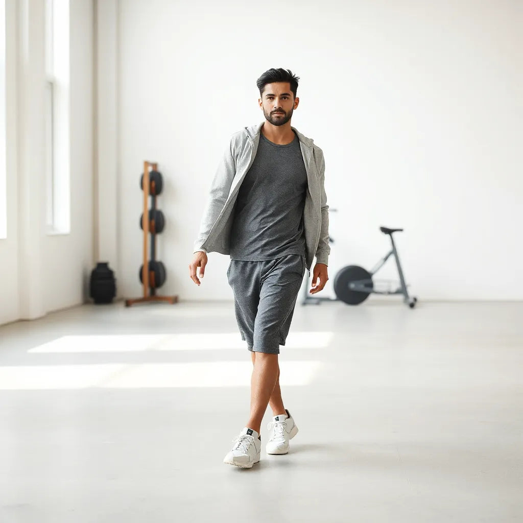Man wearing well-fitted athletic training clothes in a bright gym setting