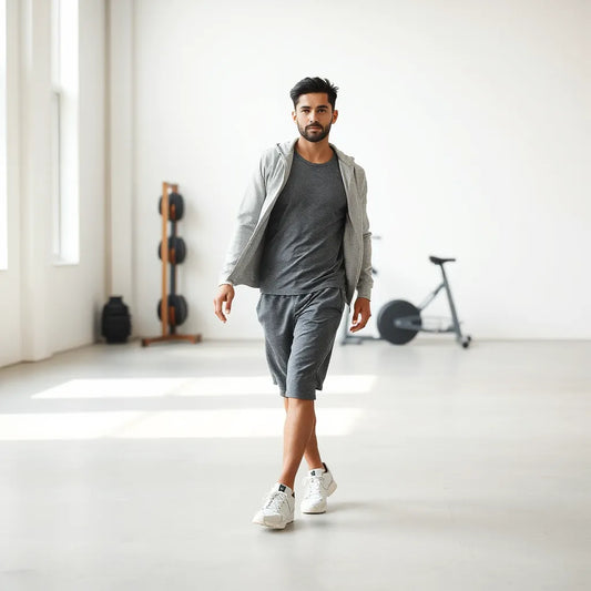 Man wearing well-fitted athletic training clothes in a bright gym setting