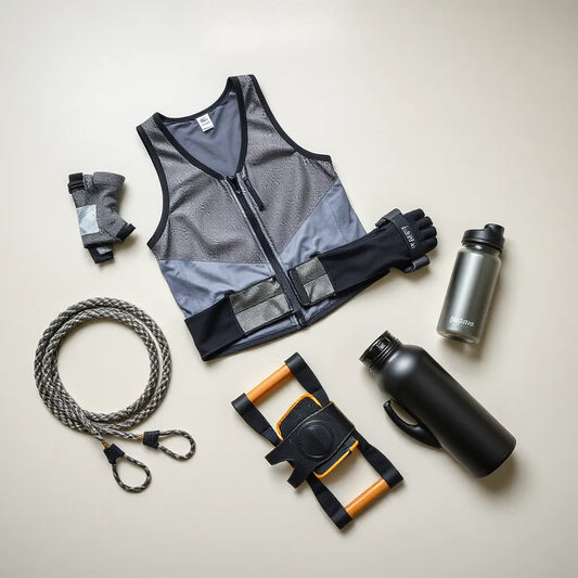 Training essentials laid out on a gym floor, including compression gear, gloves, and agility equipment
