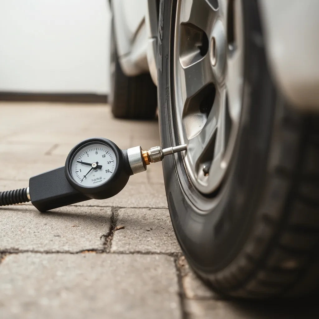 Handheld tyre inflator with pressure gauge connected to a car tyre valve