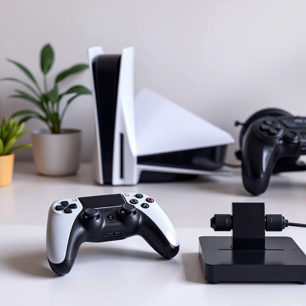 Minimal PS5 gaming setup with controller, headset, and charging accessory on a clean desk