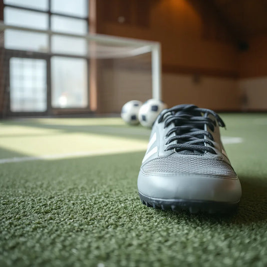 Pair of soccer training shoes with visible tread and laces on a training field, with a blurred soccer ball background