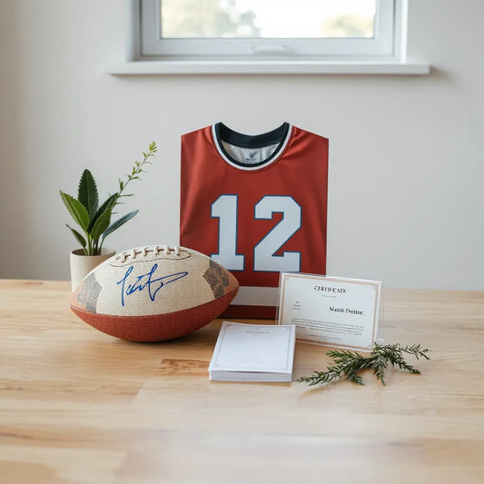 Framed vintage football jersey, signed ball, and collectible items arranged on a wooden table