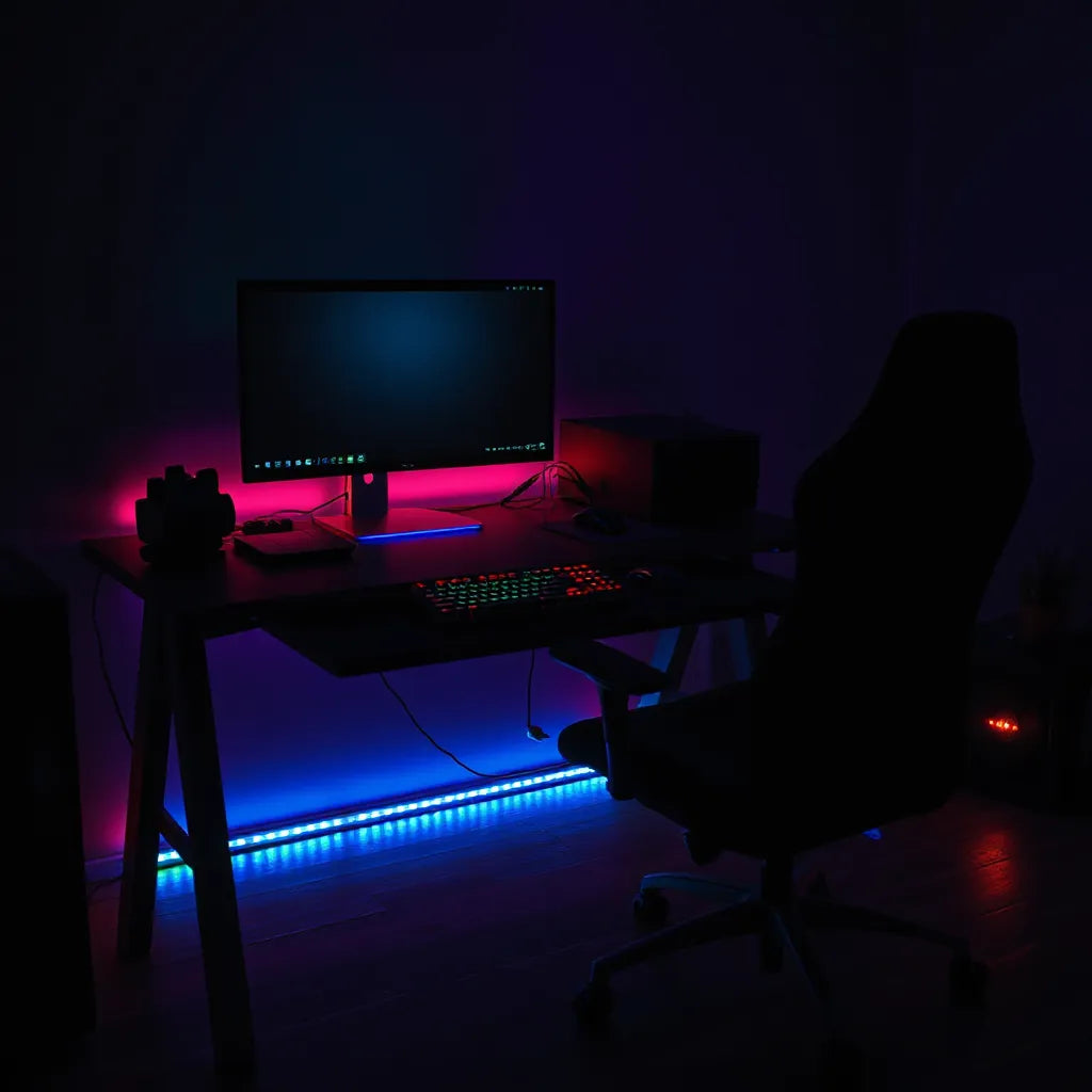 Gaming desk at night with RGB LED lighting under the keyboard and monitor